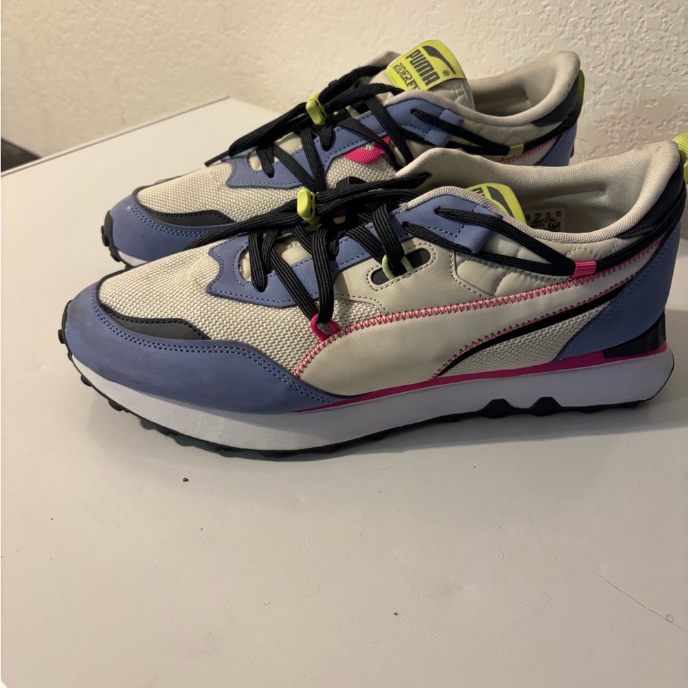 Puma Blue and Cream Sneakers with Pink Accents